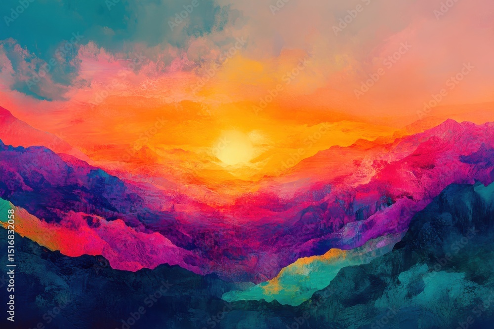 Fototapeta premium A painting of a mountain range with a sun in the sky. The sun is yellow and it is setting. A breathtakingly vibrant sunset over an abstract mountainous landscape filled with color.