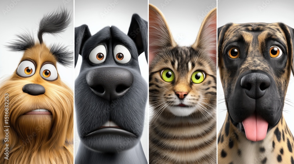 Collection of adorable and funny pet expressions showcasing various breeds and personalities in a playful setting Collection of adorable and funny pet expressions showcasing various breeds and personalities in a playful setting