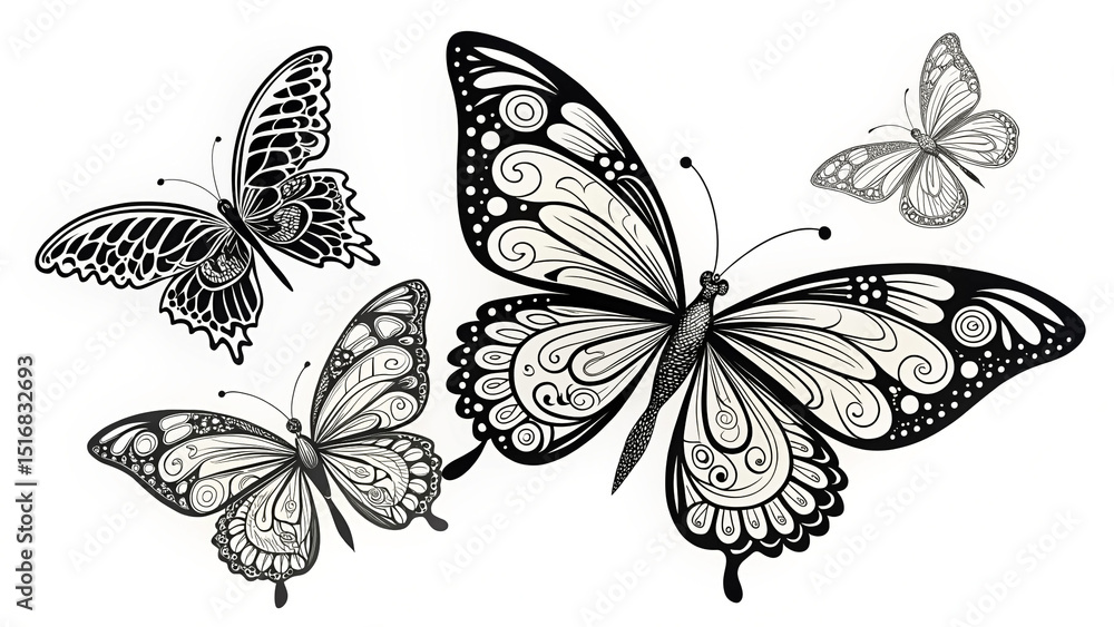 Fototapeta premium Set of Butterfly Silhouette Vector Illustrations Elegant Insect Graphic Collection