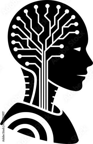 Bold black silhouette of a humanoid robot head with neural network circuits