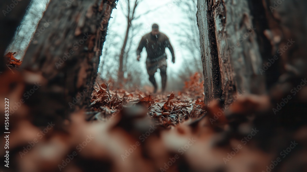 A shadowed figure meanders through a damp and lush forest, evoking a sense of mystery and exploration amidst fallen leaves and bare trees in a captivating setting. A shadowed figure meanders through a damp and lush forest, evoking a sense of mystery and exploration amidst fallen leaves and bare trees in a captivating setting.