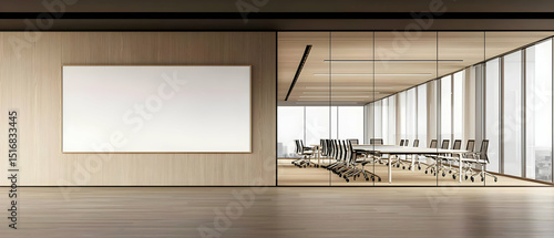 Modern Empty Meeting Room With Glass Walls And Wooden Paneling