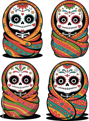 Four Swaddled Sugar Skull Babies