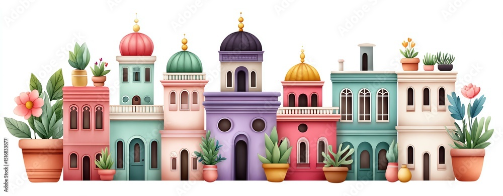 Whimsical Pastel Houses with Flower Pots and Domed Roofs Illustration Whimsical Pastel Houses with Flower Pots and Domed Roofs Illustration