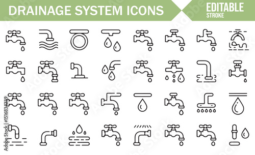 Monochrome Line Icons for Drainage, Plumbing, and Water Treatment.