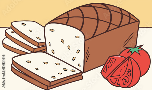 Illustration of sliced bread loaf with tomato and healthy food elements