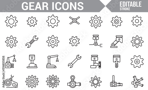 Monochrome Line Icons for Gear Mechanisms, Tools, and Industrial Design.