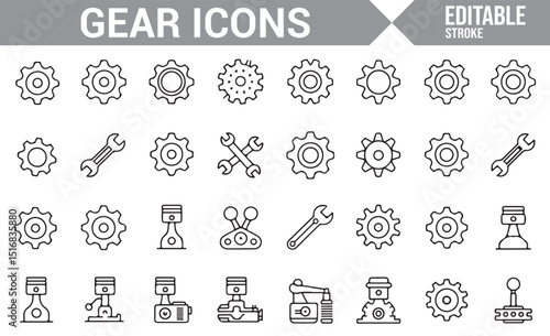 Monochrome Line Icons for Gear Mechanisms, Tools, and Industrial Design.