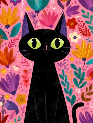 Colorful black cat surrounded by vibrant flowers in a playful and artistic setting