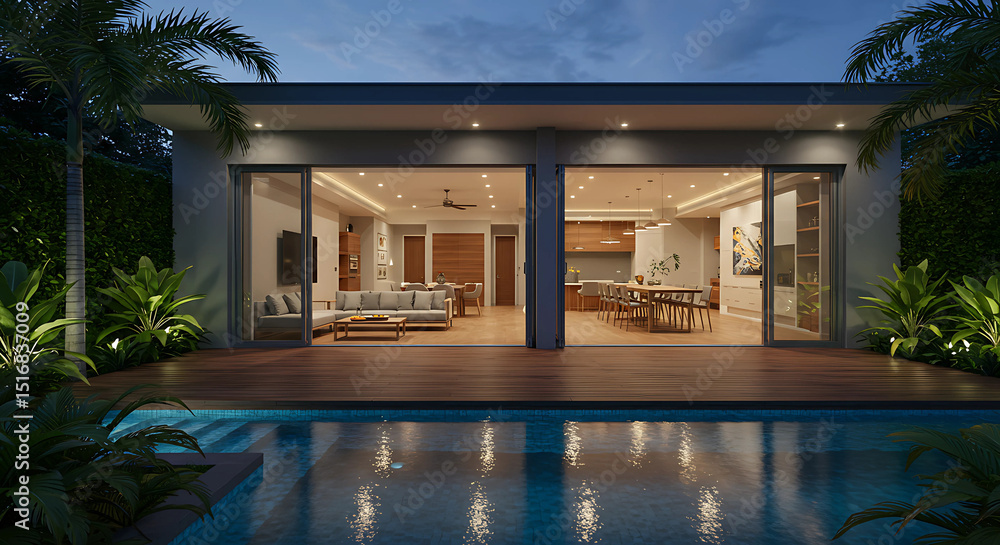Modern house with open floor plan, swimming pool, deck, and tropical garden at twilight Modern house with open floor plan, swimming pool, deck, and tropical garden at twilight