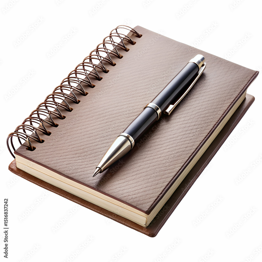 Elegant brown leather notebook with spiral binding and a stylish black pen Elegant brown leather notebook with spiral binding and a stylish black pen