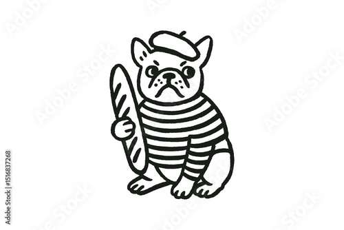 French bulldog with baguette cartoon sketch vector illustration
