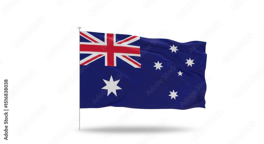 Fototapeta premium Australian national flag waving in the wind isolated on white background