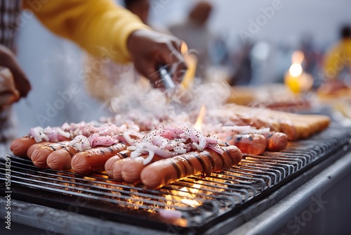A person flips sizzling hot dogs on a grill at a tailgate gathering, embodying the excitement, camaraderie, and flavors of a lively summer gathering