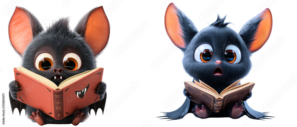 Fototapeta premium cute & children friendly bat characters reading scary vampires books isolated over white (transparent) bacground