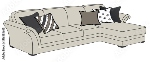 Modern beige sectional sofa with colorful throw pillows illustration