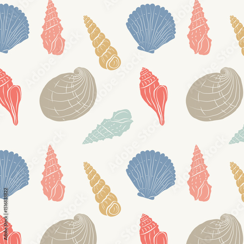 Seamless marine pattern with hand drawn seashells. Colorful Rapana seashells, ocean mollusks, vintage marine silhouettes. Summer coastal design elements for prints, wallpaper, packaging, wrapping