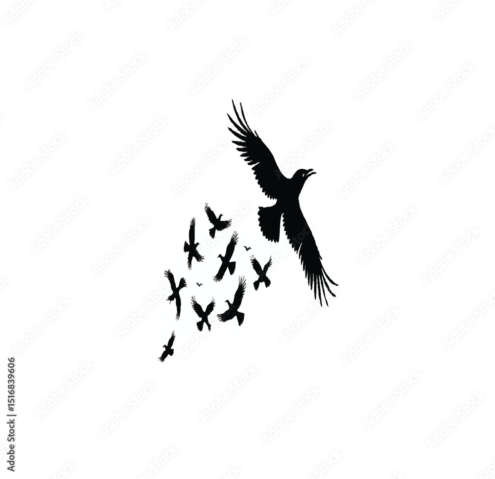 Fototapeta premium Flying birds silhouettes on white background. Vector illustration. isolated bird flying. tattoo design.