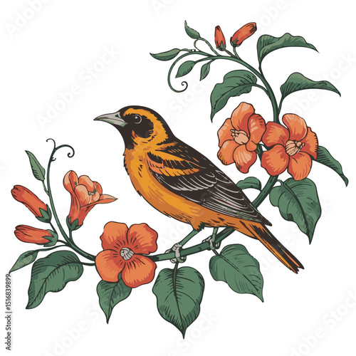 Colorful robin on a tree branch, showcasing its beautiful orange and green feathers in the wild