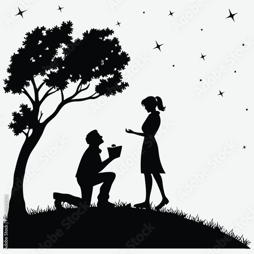 A couple proposing under the stars  silhouette image vector art and illustration	