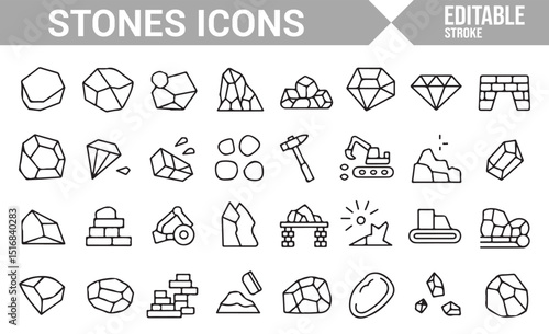 Icon set showcasing various stone-related elements for construction and design.
