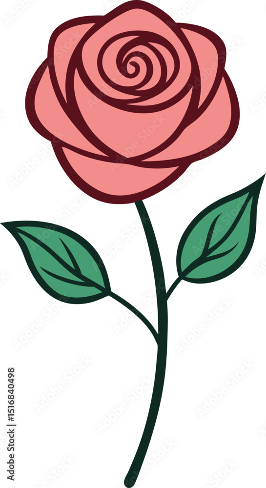 Simple Red Rose Illustration with Green Leaves for Elegant Design Themes Simple Red Rose Illustration with Green Leaves for Elegant Design Themes