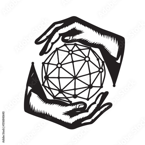 A 3d vector design illustrates a heart-shaped house symbol within a light sphere network