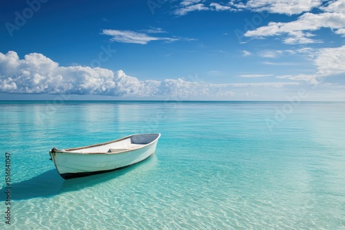 A small boat sits in the middle of a calm lake. A picture titled calm waters features a minimalist boat gently floating in a tranquil sea.