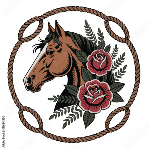 A brown stallion vector illustration shows a horse head with a flower in a wild, artistic design
