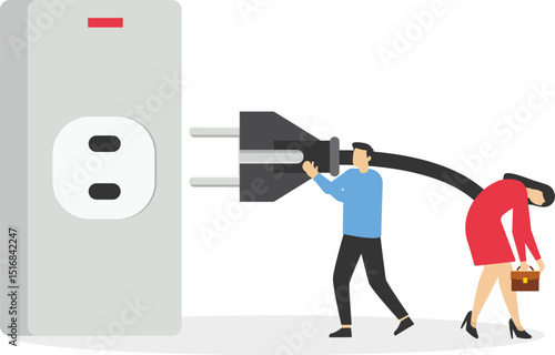 Recharge energy or restore enthusiasm for work, refreshing from overwork or tiring activities, businessman connects electrical plug to power source to recharge low battery exhausted businessman worker