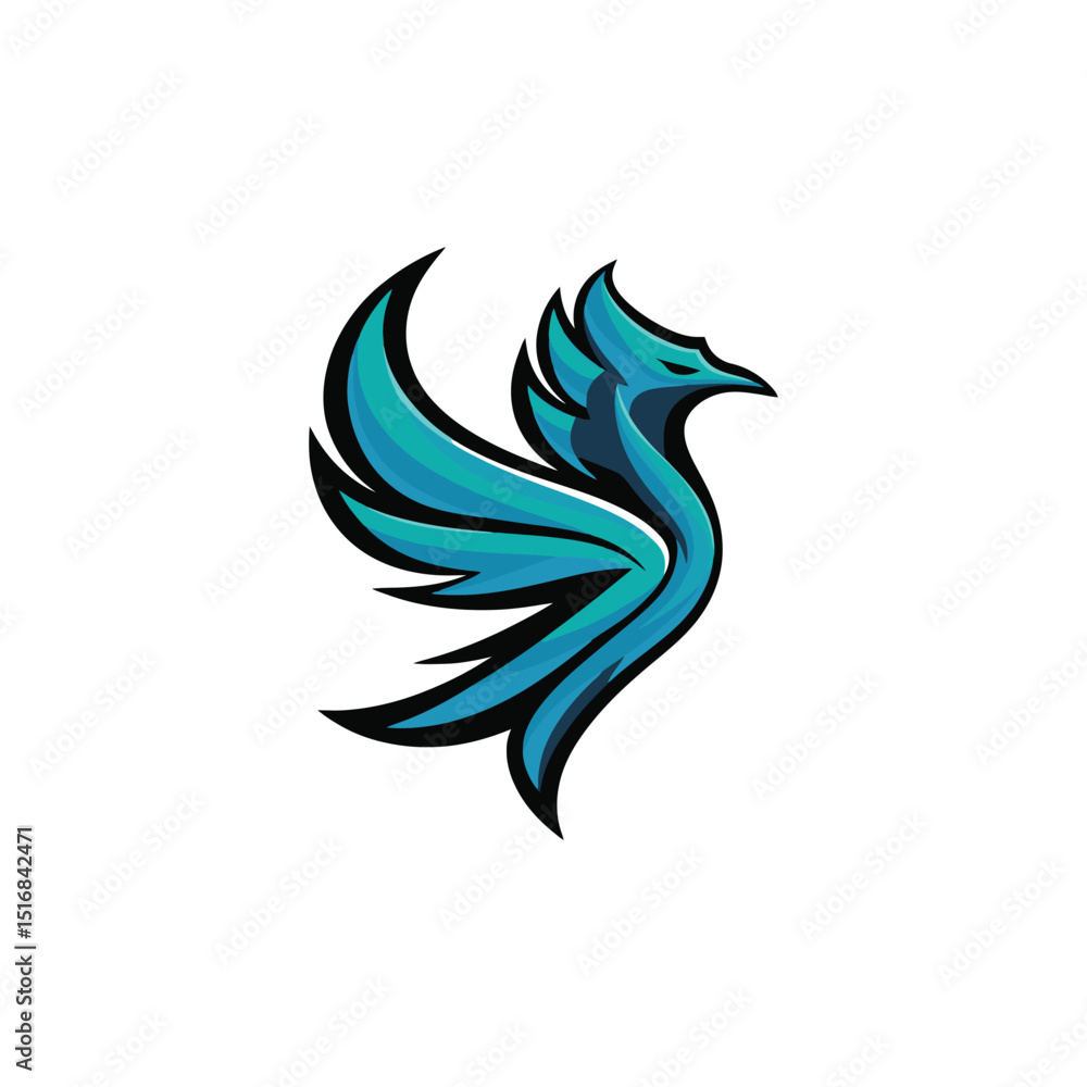 Obraz premium Blue Phoenix Mascot Illustration with Stylized Wings and Fierce Expression for Logo, Branding, and Sports Identity Design