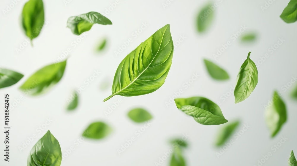 Naklejka premium Flying Fresh basil herb leaves isolated on white background. Top view. Flat lay.