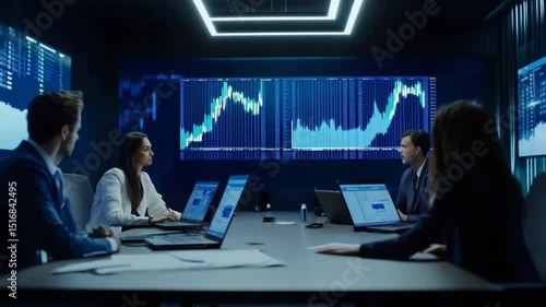 Financial analysts team review stock market data trends in a modern office room