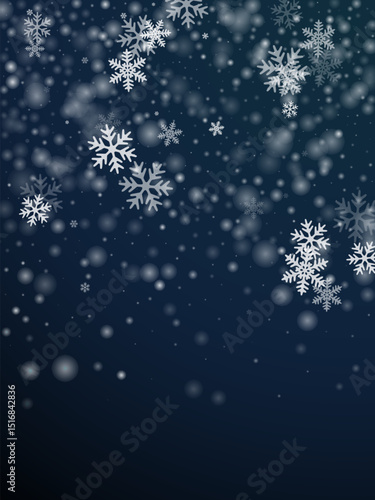 Magic falling snow flakes design. Snowfall dust frozen elements. Snowfall sky white blue pattern. Soft snowflakes february theme. Snow nature scenery.