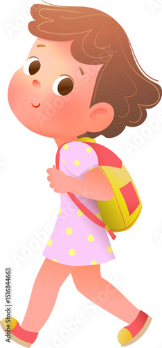 Cute little schoolgirl character going back to school with big backpack. Child walking and carrying schoolbag, schoolgirl design. Vector character cartoon illustration for children and kids education