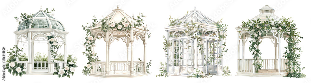 Naklejka premium PNG Elegant floral garden gazebos, element set on transparent background