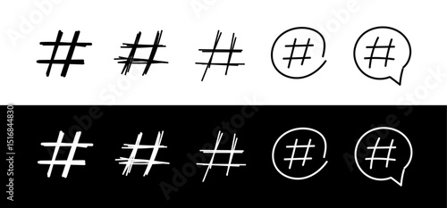 Doodle hashtag icon set. Hand drawn hashtag symbol. Hashtag for promotion in sketch style.
