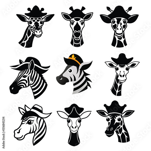 Zebra head wearing a pirate hat ,Giraffe head wearing a pirate hat