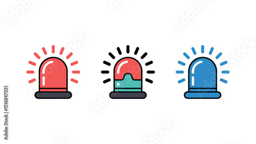 Emergency Icons: A set of vibrant emergency siren icons in red, green, and blue, representing urgent alerts, flashing warnings, and critical safety signals for immediate attention.