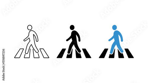 Pedestrian Crossing Icon Series: Three distinct graphic icons of a person using a crosswalk, depicting the simple act of safe pedestrian navigation, essential for urban safety.