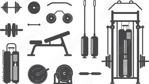 Illustration of various gym equipment including weights bench and cable machine in monochrome style