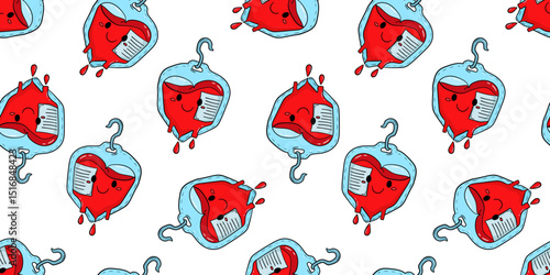 seamless pattern cartoon design blood bag heart shape donor day charity healthcare medical donation volunteer save life white background