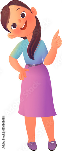 Woman character teacher or advertising lady doing a presentation. Female person standing showing pointing or guiding with index finger. Vector character cartoon illustration for children and kids.