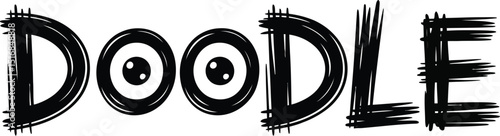 A stylized doodle word art with eyes replacing o's in black ink on a plain white background view