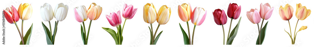 Fototapeta premium PNG Colorful tulips in a row., elements on transparent background
