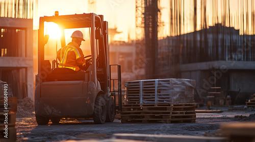 Worker operating a forklift at a construction site during sunset
