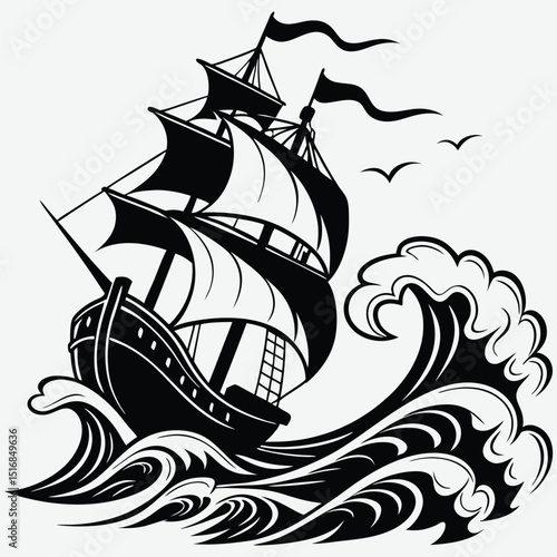 A ship sailing in stormy waters  silhouette image vector art and illustration	