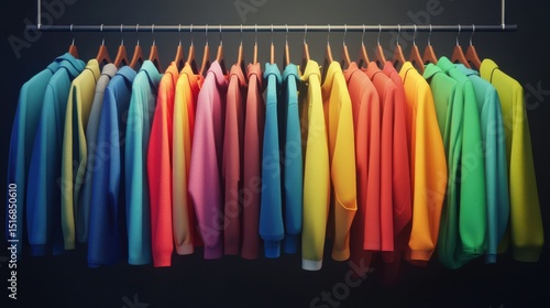 Colorful clothing display on a rack.