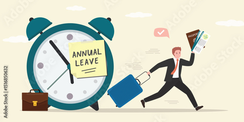 Male employee with luggage running away from office. Annual leave note on watch. Break, take day off and relax from hard work, schedule reminder of annual leave concept