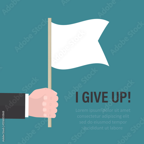Businessman hand holding white flag. I give up! Business errors, failure and problems. Symbol give up. Surrendering concept. Message truce. Close up view. Landing page.